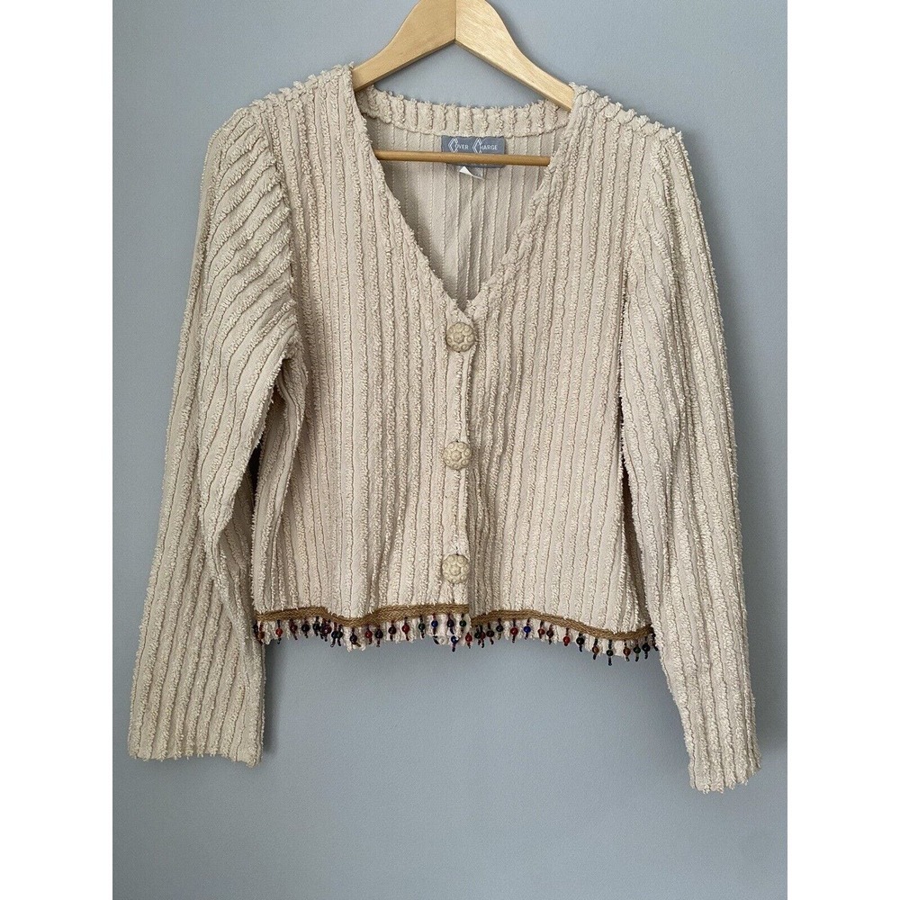 Vtg! Cover Charge Button Front Sweater Size L Beaded Fringe Hem Ribbed Retro Y2K